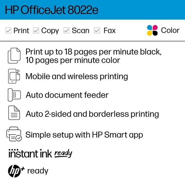 Restored HP OfficeJet 8022e All-in-One Wireless Color Inkjet Printer - 6 Months Free Instant Ink with HP+ (Refurbished)