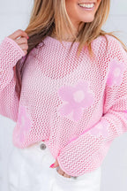 60s Flower Drop Shoulder Hollow Knit Top Light Grey -Femstylo