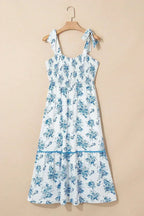 Sky Blue Floral Print Smocked Knot Shoulder Sleeveless Midi Dress