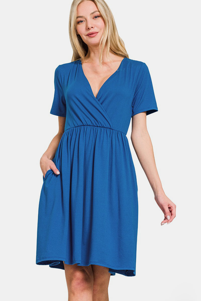 Zenana Surplice Short Sleeve Brushed DTY Dress Stevvex