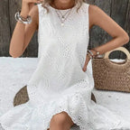Ladies' Solid Color Vacation Style Hollow Flower Pattern Details Round Neck Off Shoulder Wide Shoulder Strap Mushroom Edge Hanging Pleat Elegant Style Dress - SJB-DIAMOND ELITES