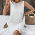 Ladies' Solid Color Vacation Style Hollow Flower Pattern Details Round Neck Off Shoulder Wide Shoulder Strap Mushroom Edge Hanging Pleat Elegant Style Dress - SJB-DIAMOND ELITES