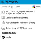 HP ENVY 6052e All-in-One Wireless Color Inkjet Printer - 6 Months Free Instant Ink with HP+