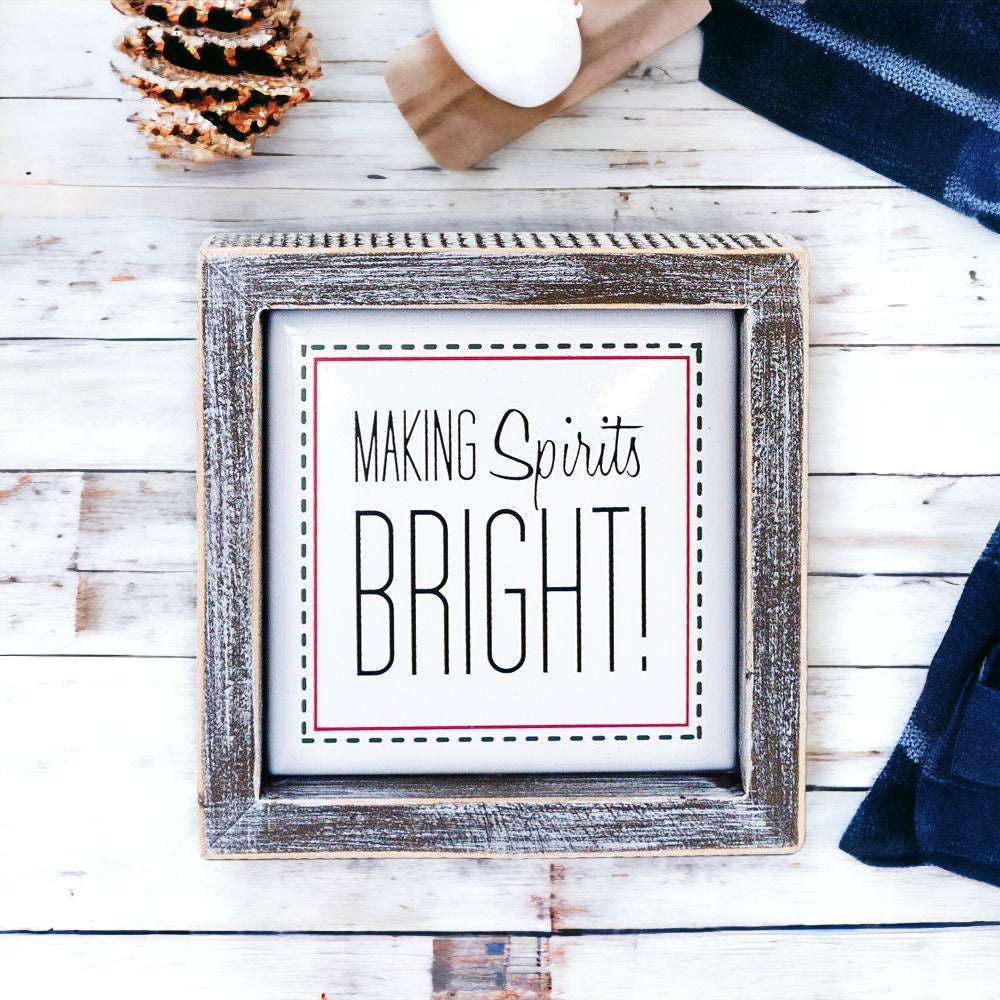 Christmas Wooden Sign 5 Inch Framed Making Spirits Bright Holiday Decor BandsCo Straps