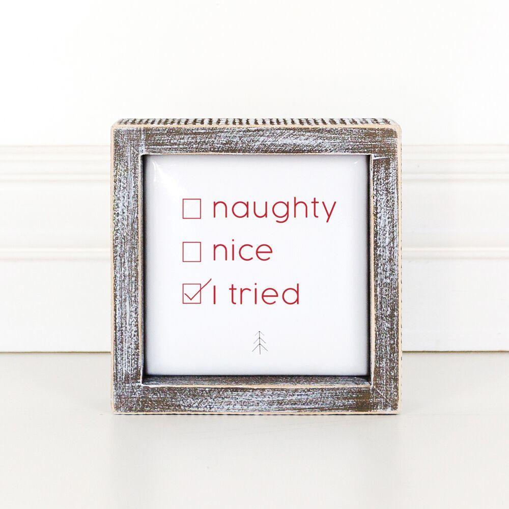 Naughty Nice I Tried 5in Wood Embossed Christmas Sign Holiday Decor BandsCo Straps