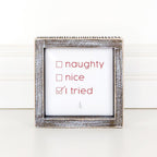 Naughty Nice I Tried 5in Wood Embossed Christmas Sign Holiday Decor BandsCo Straps