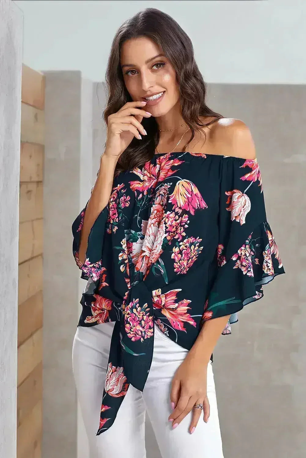 Navy Off Shoulder Floral Tie Front High Low Chiffon Blouse - SJB-DIAMOND ELITES