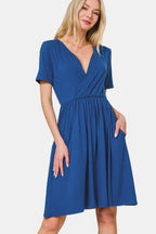 Surplice Short Sleeve Brushed DTY Dress – Elegant, Stylish Surplice Neckline, Soft Brushed Fabric, Comfortable All-Day Wear Stevvex