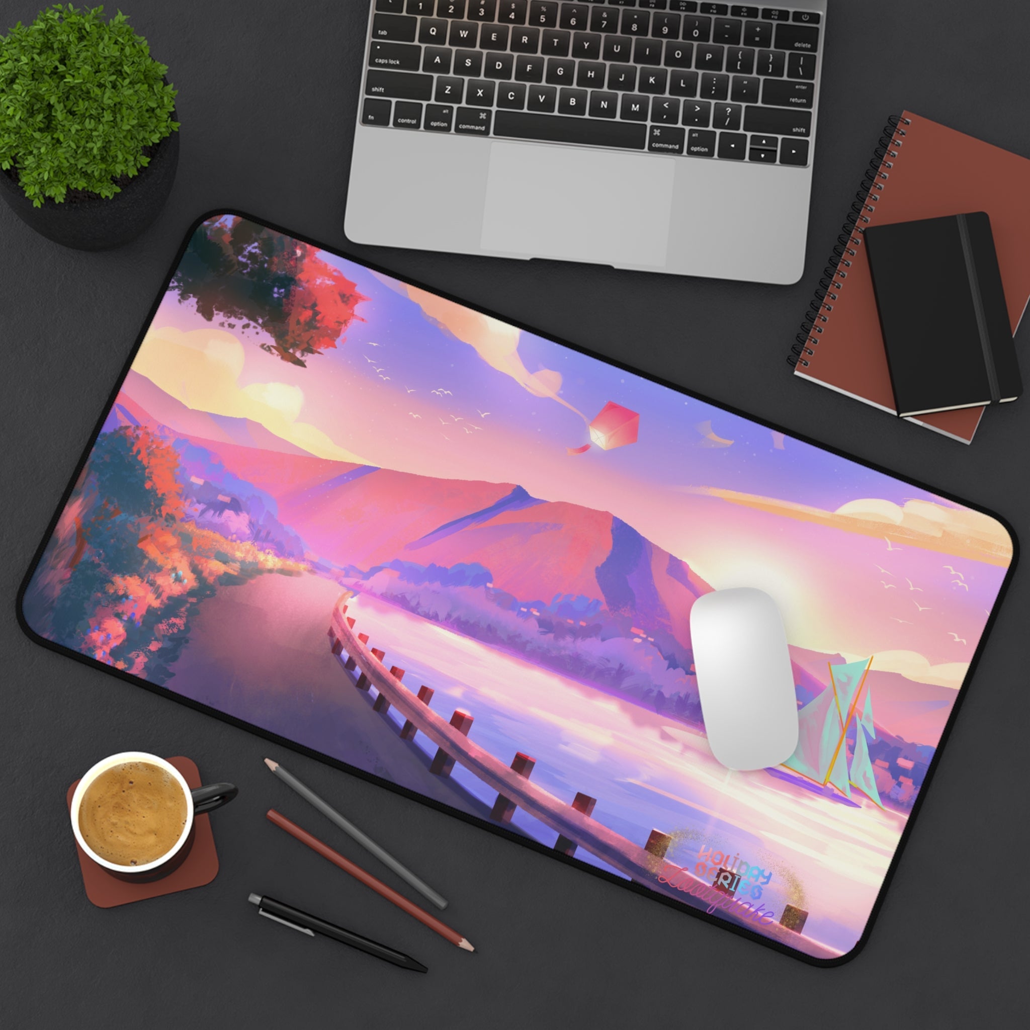 Sunset Lakeside Desk Mat — Pastel Scenic Mouse Pad with Sailboat Lootquake LLC