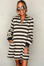 Classic Contrast Black Striped Collar Long Sleeve Mini Dress Stylish & Trendy Casual Dress for Women Stevvex