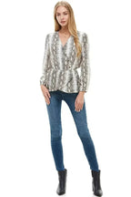 Snake V neck Button Front Peplum Long Sleeve Blouse Top | Femstylo - SJB-DIAMOND ELITES
