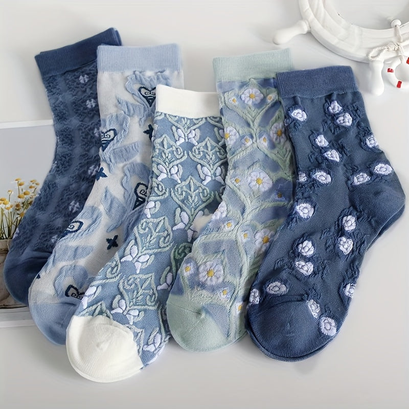 5 Comfy Cartoon Flower Pattern Knitted Socks, Breathable Soft Crew Socks For Outdoor Wearing Lootquake LLC
