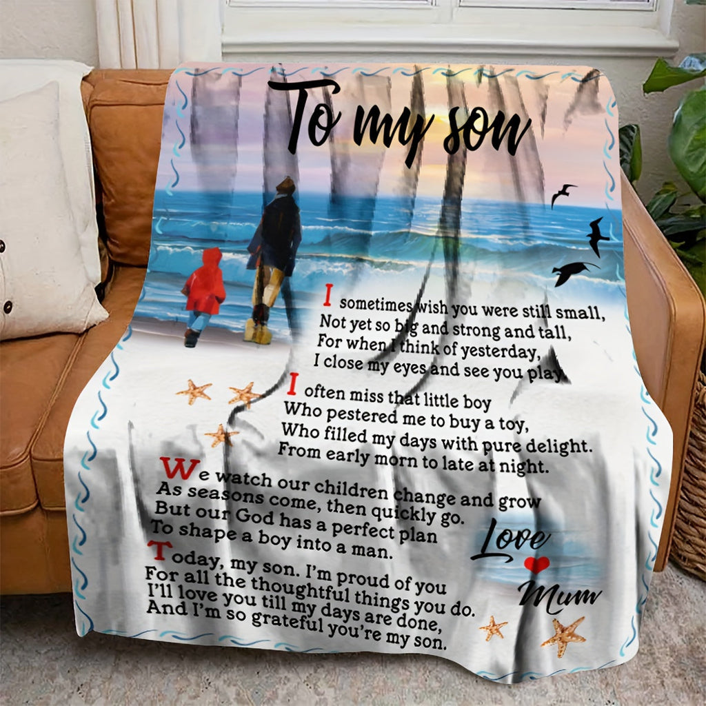 1pc To My Son Blanket Creative Text Letter To Son Soft Blanket Flannel Blanket For Couch Sofa Office Bed Camping Travel, Multi-purpose Gift Blanket For All Season Lootquake LLC