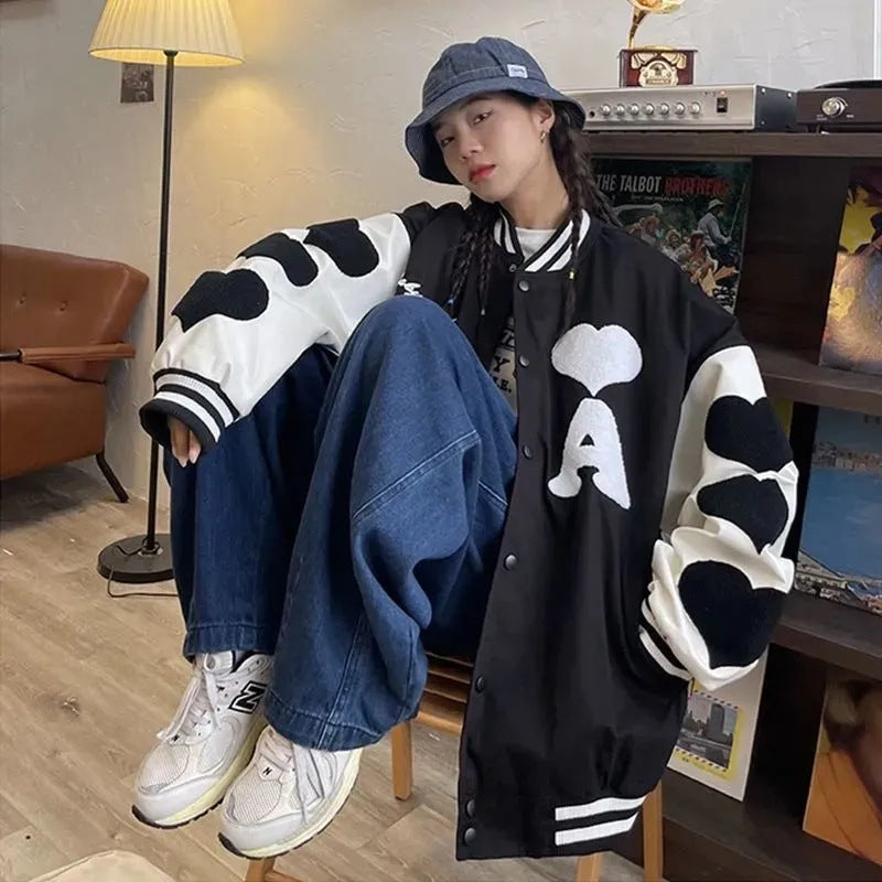 Stitching Heart Embroidery Loose Student Jacket Trendy Pi-Mart