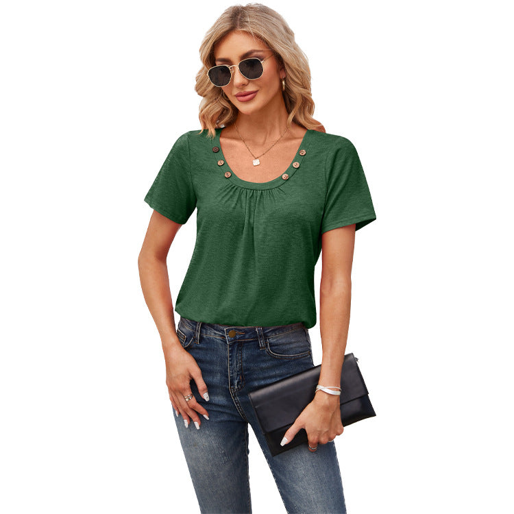 Women's Short-sleeved T-shirt Summer Button Square Collar Pleated Design Solid Color Loose T-shirt Womens Clothing Pi-Mart