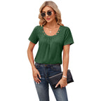 Women's Short-sleeved T-shirt Summer Button Square Collar Pleated Design Solid Color Loose T-shirt Womens Clothing Pi-Mart