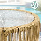 3-Piece Outdoor Patio Furniture Wicker Bistro Set, All-Weather Rattan Conversation Chairs for Backyard, Balcony and Deck with Soft Cushions, Glass Side Table (Light Brown+Navy Blue)