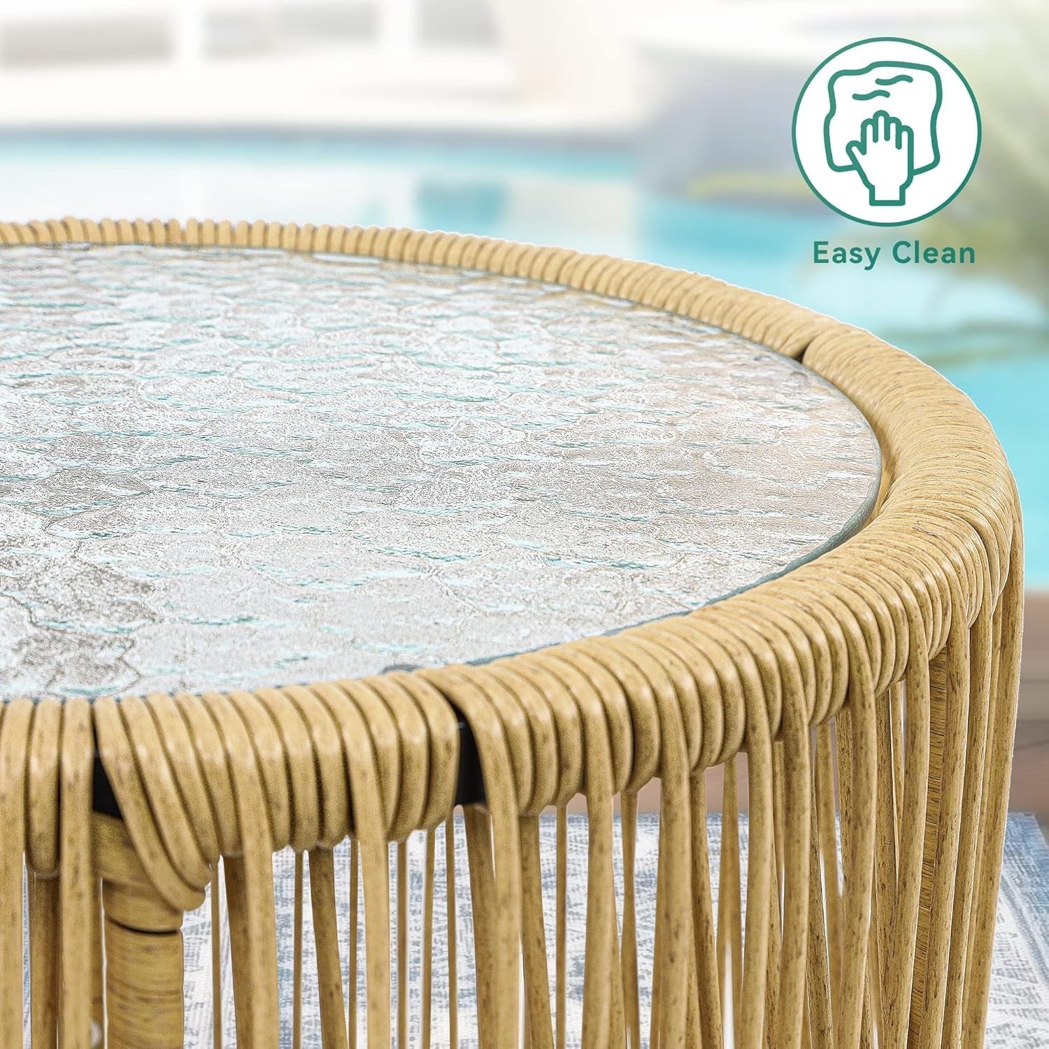 3-Piece Outdoor Patio Furniture Wicker Bistro Set, All-Weather Rattan Conversation Chairs for Backyard, Balcony and Deck with Soft Cushions, Glass Side Table (Light Brown+Navy Blue)