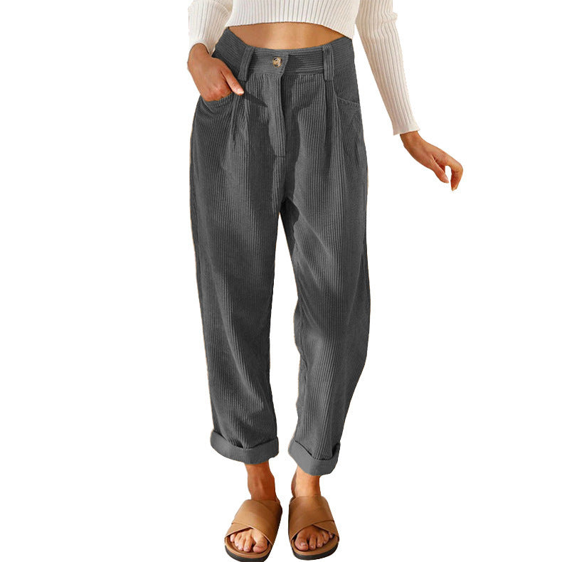 Women's High Waist Pure Color Corduroy Casual Pants Pi-Mart