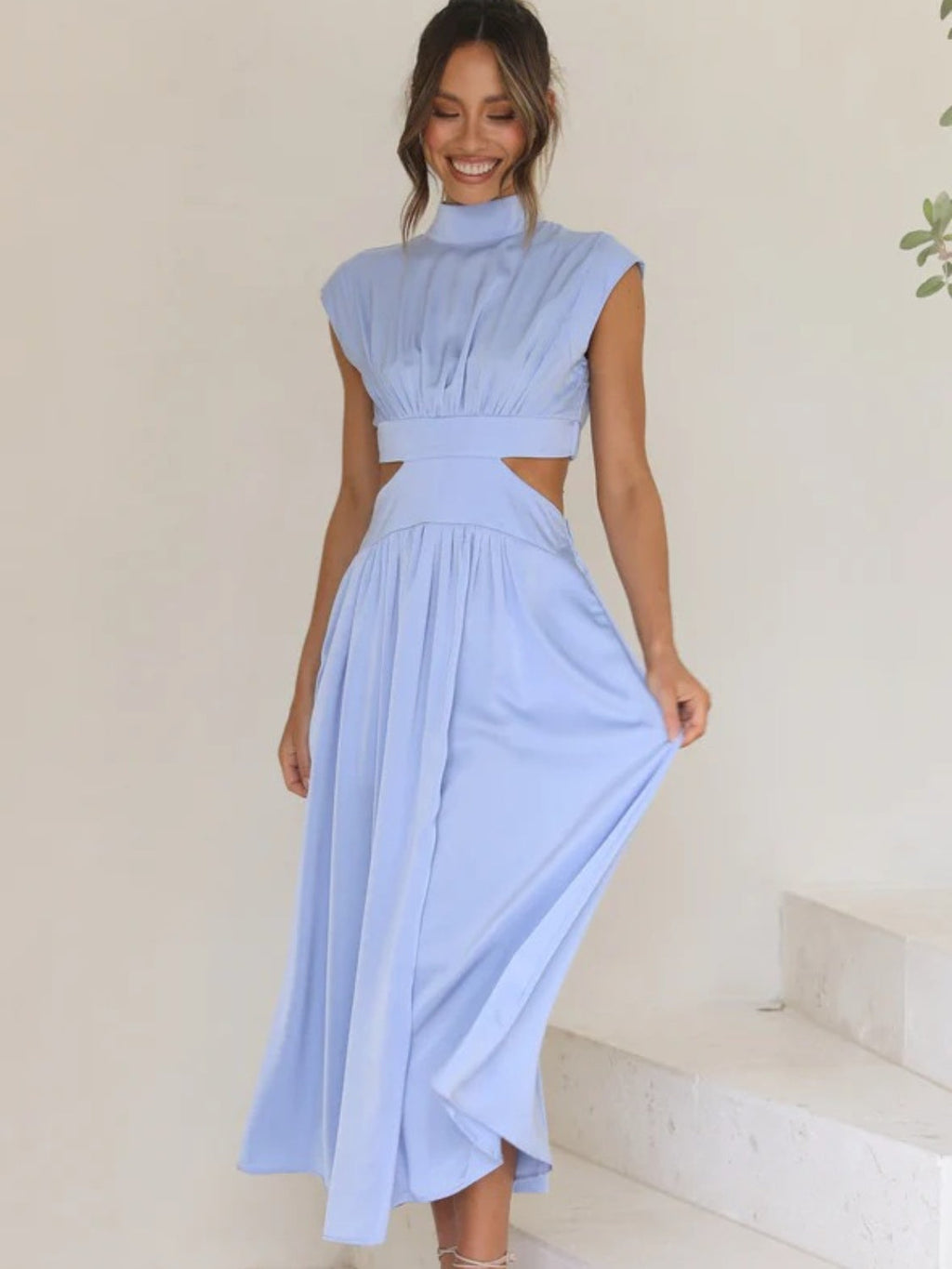 Modern Cutout Mock Neck Sleeveless Ruched Dress Elegant Dress For Women Stevvex