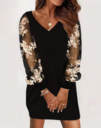 Long-sleeved V-neck Dress Spring And Autumn Lace Splicing Dress For Womens Clothing