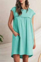 Oatmeal Frilled Trim Crewneck Loose Fit Mini Dress