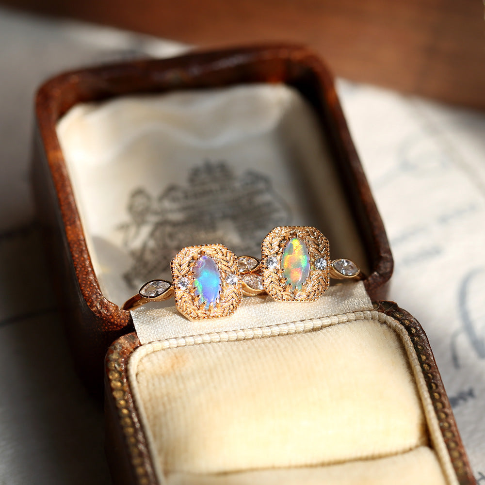 S925 Silver Wheat Ear Of Rice Opal Opal Ring Light Luxury Jewelry Pi-Mart