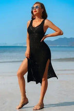 Crochet Beach Coverup Dress – High Split Maxi with U-Neck