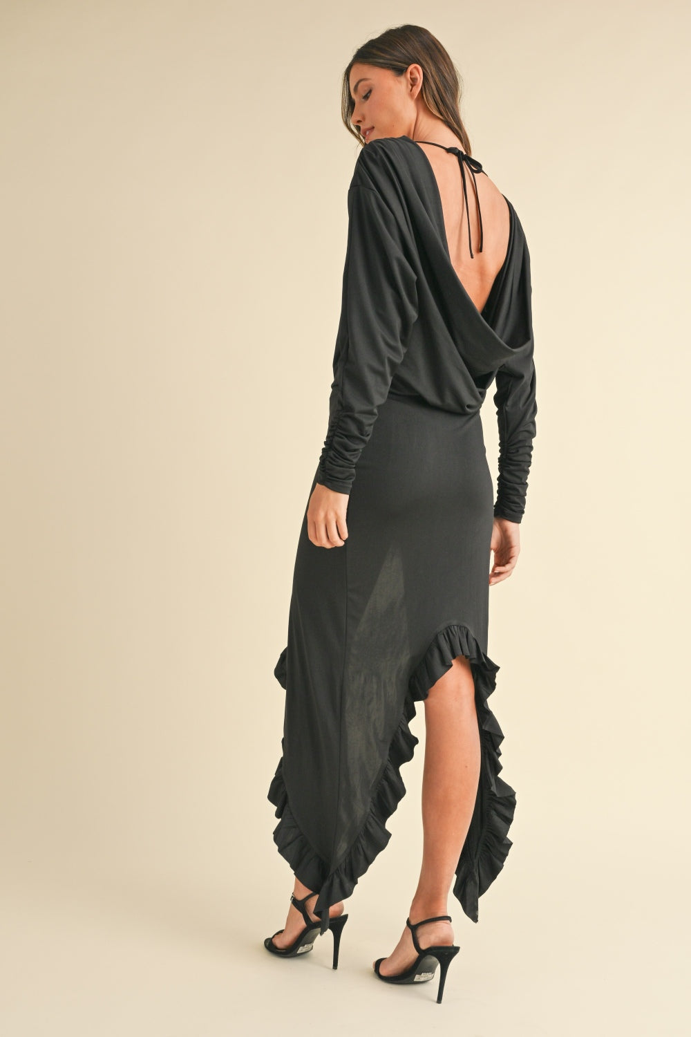 Backless Asymmetric Ruffle Hem Dress – Elegant Backless Dress, Asymmetric Dress, Ruffle Hem Dress, Sexy Evening Dress, Statement Dress For Special Occasions Stevvex