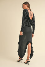 Backless Asymmetric Ruffle Hem Dress – Elegant Backless Dress, Asymmetric Dress, Ruffle Hem Dress, Sexy Evening Dress, Statement Dress For Special Occasions Stevvex