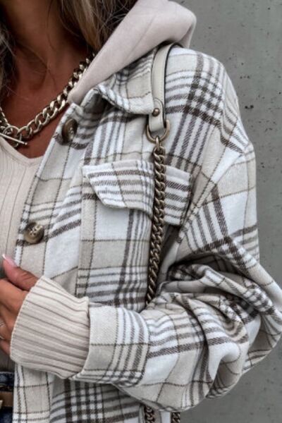 Vintage Retro Style Women Camel Plaid Button Up Jacket with Removable Hood Classic & Cozy Everyday Wear Stevvex