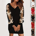 Long-sleeved V-neck Dress Spring And Autumn Lace Splicing Dress For Womens Clothing