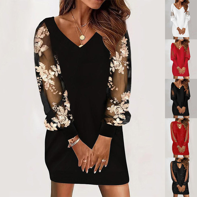 Long-sleeved V-neck Dress Spring And Autumn Lace Splicing Dress For Womens Clothing