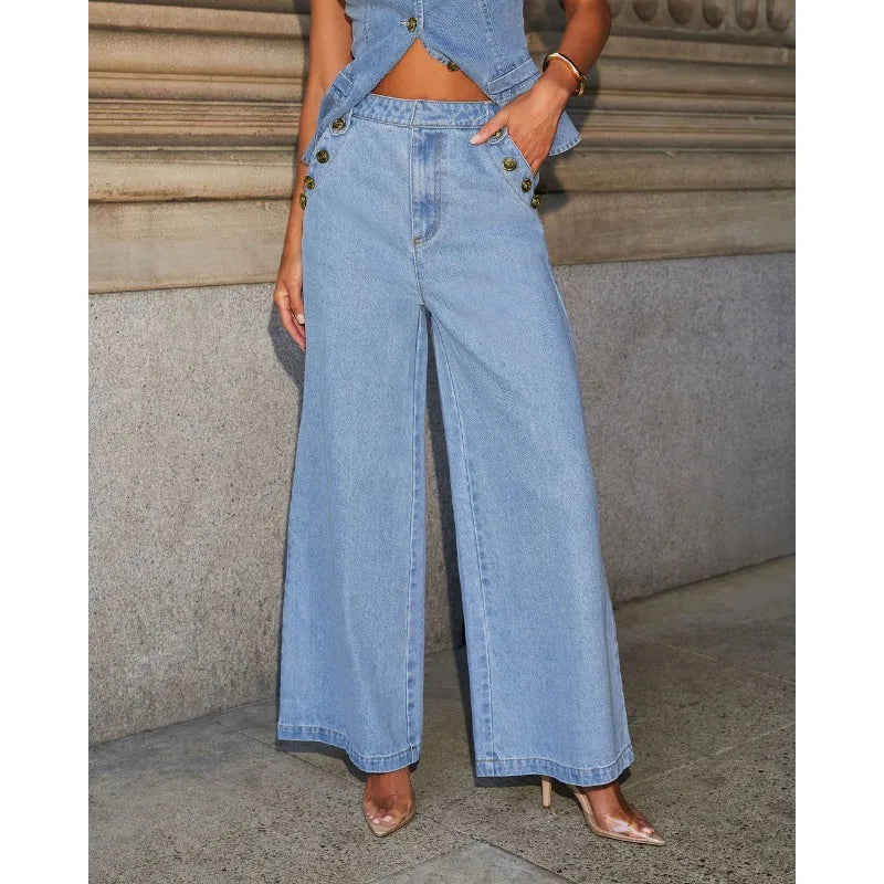 KADUWAKI Slim Denim Waistcoat Jeans 2pc Women Elegant Single Breasted O Neck Vest Wide Leg Pants Spring Lady High Street Outfits Purplish Diva