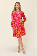 Double Take Full Size Printed Ruffle Hem Dress with Pocket Stylish & Functional Women Dress