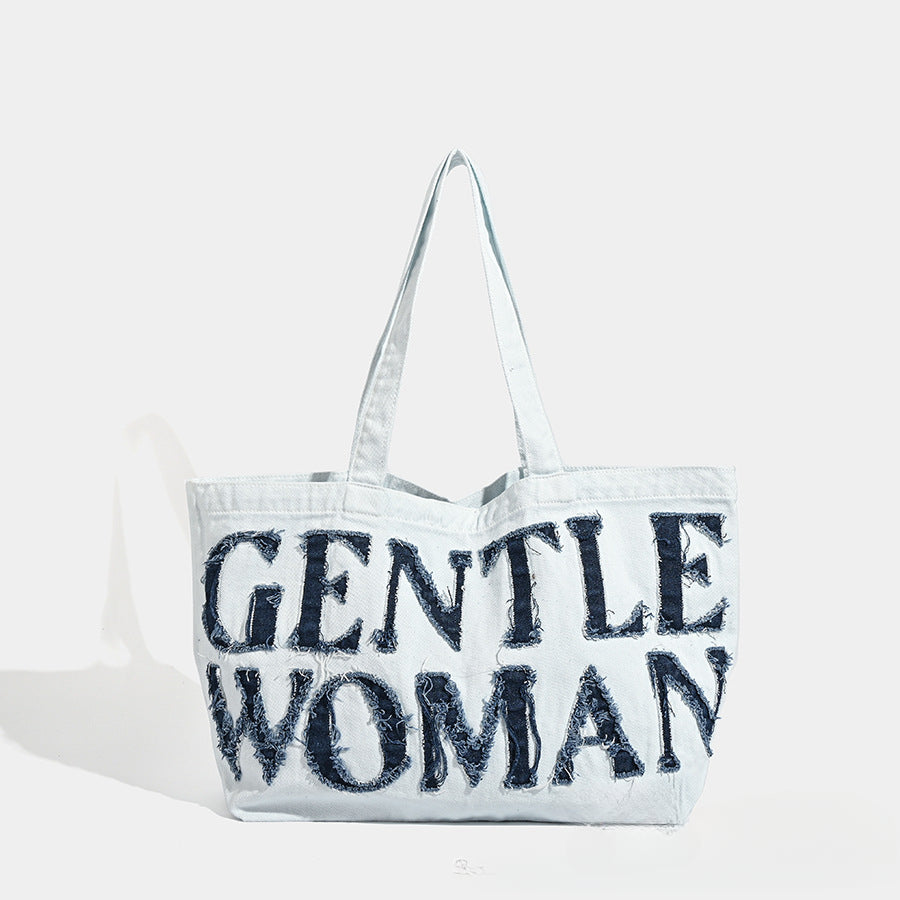Large capacity shoulder canvas bag, retro denim tote bag big, handheld letter sticker cloth bag, tote bag large - SJB-DIAMOND ELITES