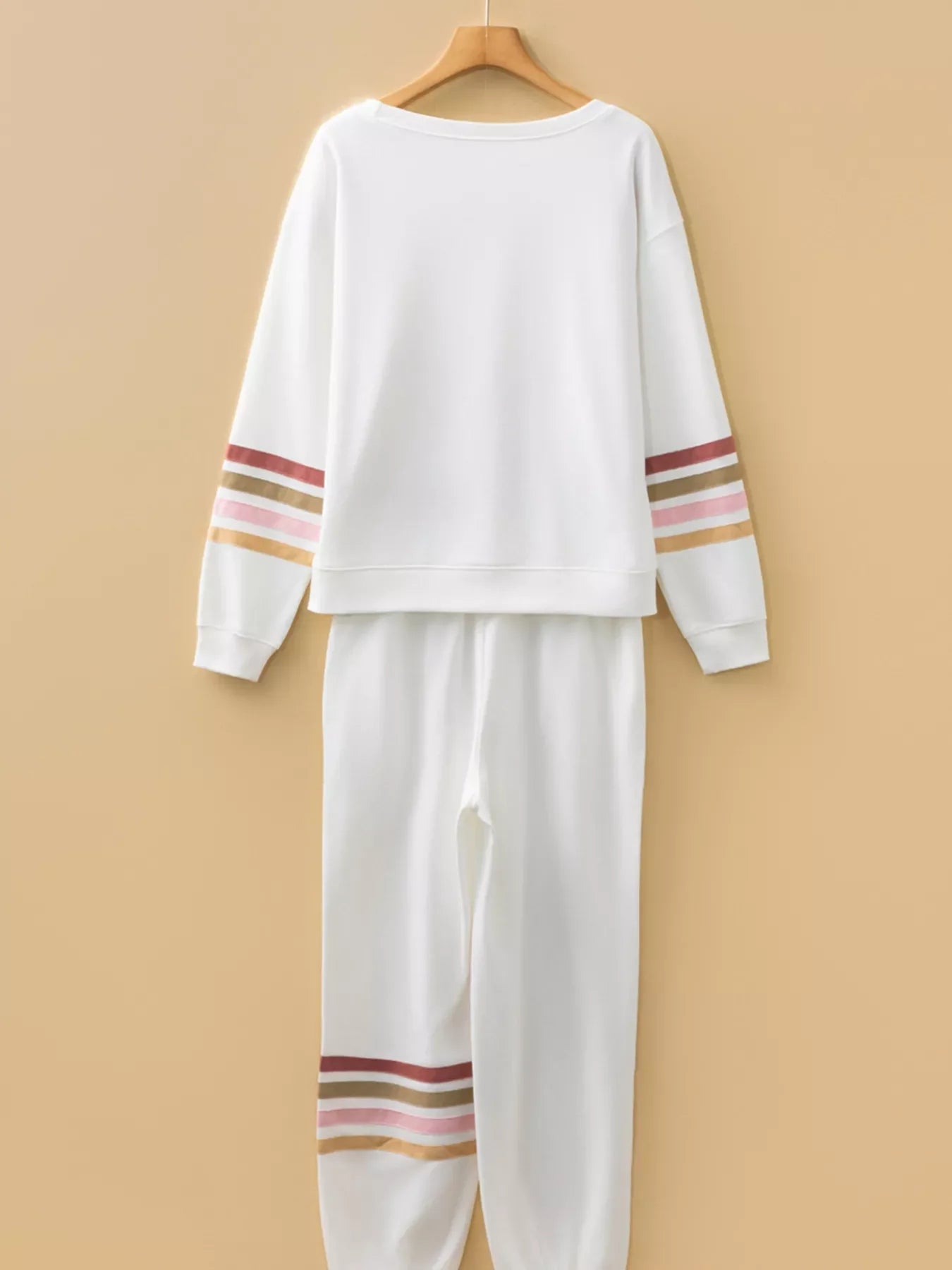 Striped Trim Round Neck Top and Pants Set THRIXINE
