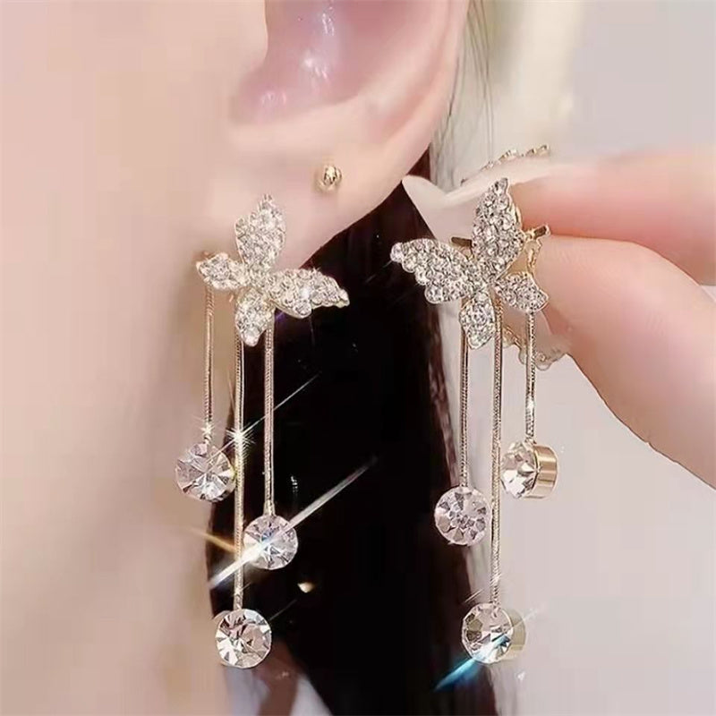Fashion Jewelry Shiny Butterfly Rhinestone Drop Dangle Earrings Women Elegant Long Pearl Tassel Chain Pendant Party Jewelry Pi-Mart