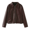 Solid Color Lapel Zipper Jacket Fashion Casual Long Sleeve Leather Coat Tops Women Clothing Pi-Mart