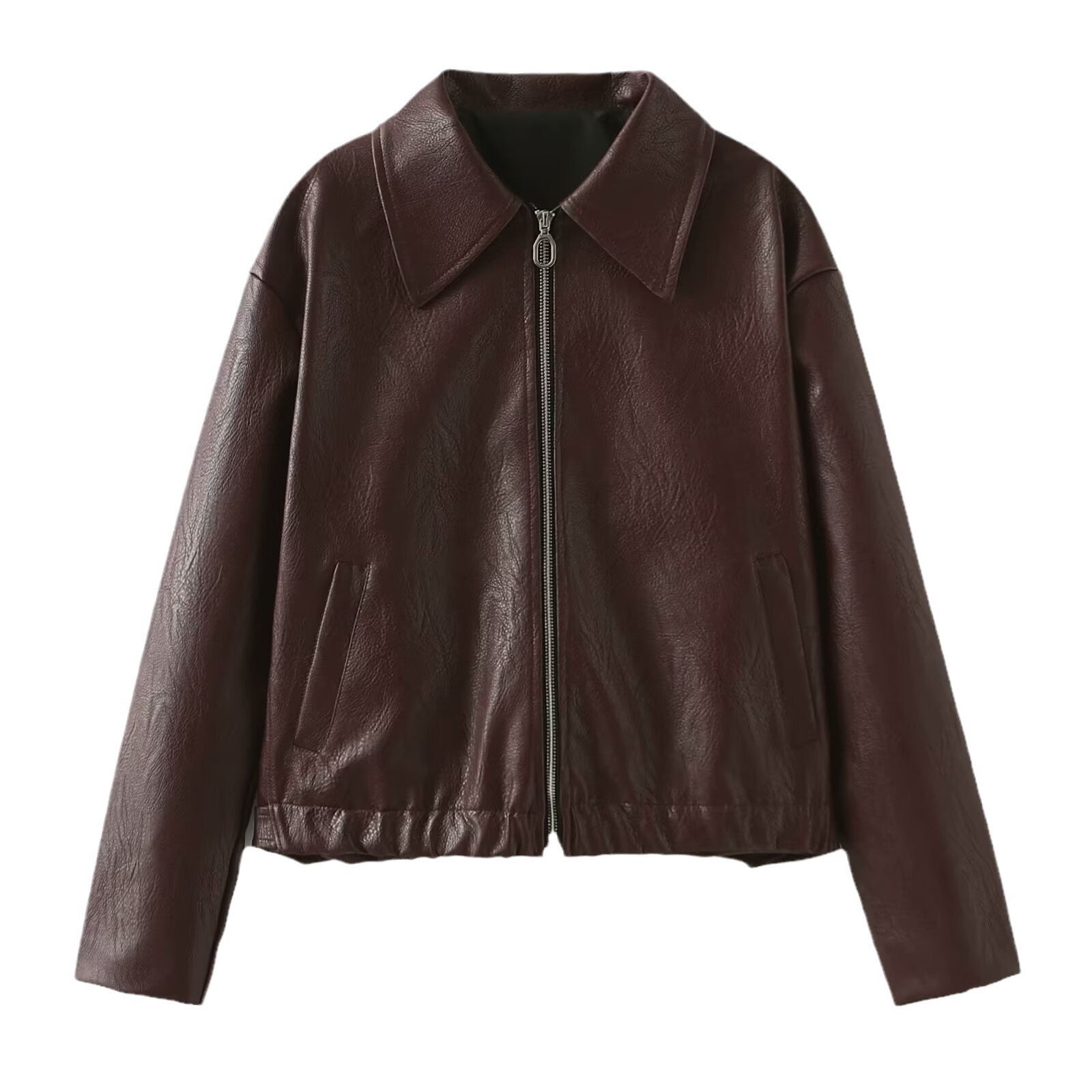 Solid Color Lapel Zipper Jacket Fashion Casual Long Sleeve Leather Coat Tops Women Clothing Pi-Mart