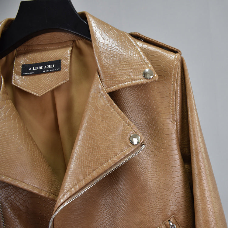 Cropped Hem Belt Snakeskin Leather Biker Jacket Pi-Mart