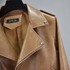 Cropped Hem Belt Snakeskin Leather Biker Jacket Pi-Mart