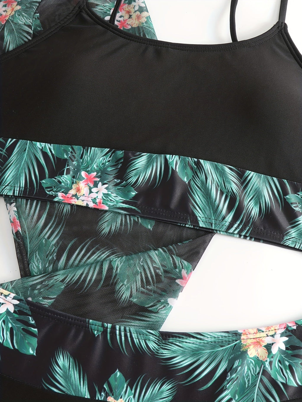 Bikini 3 Piece Tropical Print Swimsuit Set – High Stretch Comfortable Women's Bikini with Crew Neck Mesh Cover-Up – Chic Vacation Beachwear for Summer Casual Style & Poolside Glamour Stevvex