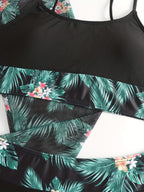 Bikini 3 Piece Tropical Print Swimsuit Set – High Stretch Comfortable Women's Bikini with Crew Neck Mesh Cover-Up – Chic Vacation Beachwear for Summer Casual Style & Poolside Glamour Stevvex