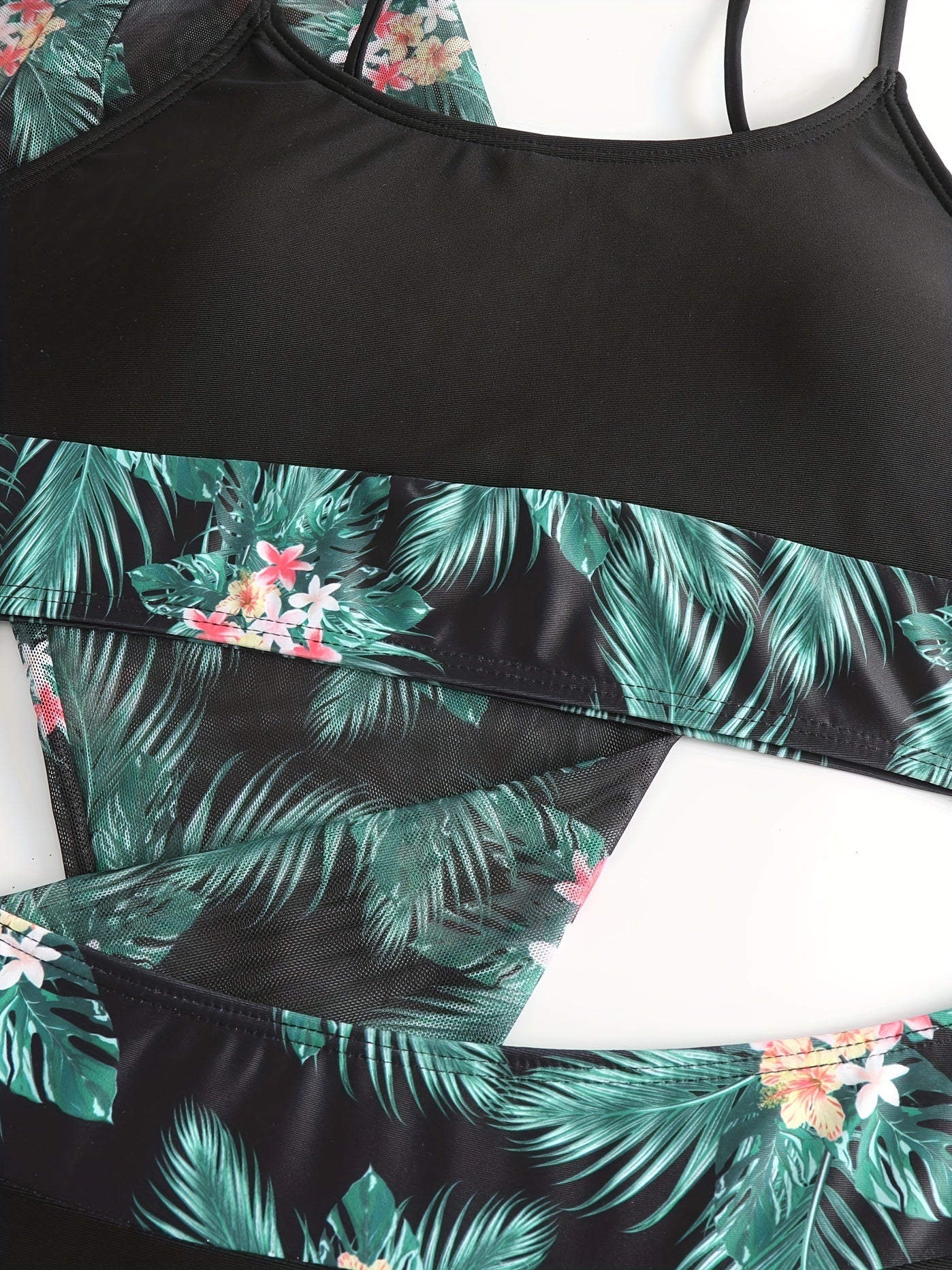 Bikini 3 Piece Tropical Print Swimsuit Set – High Stretch Comfortable Women's Bikini with Crew Neck Mesh Cover-Up – Chic Vacation Beachwear for Summer Casual Style & Poolside Glamour Stevvex