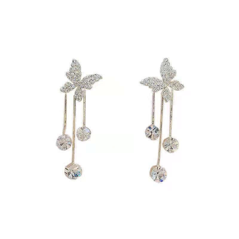 Fashion Jewelry Shiny Butterfly Rhinestone Drop Dangle Earrings Women Elegant Long Pearl Tassel Chain Pendant Party Jewelry Pi-Mart
