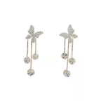 Fashion Jewelry Shiny Butterfly Rhinestone Drop Dangle Earrings Women Elegant Long Pearl Tassel Chain Pendant Party Jewelry Pi-Mart