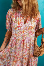 Red Floral Print Notched V Neck Puff Sleeve Tiered Mini Dress
