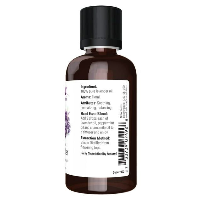 NOW Essential Oils, Lavender Oil, Soothing Aromatherapy Scent, Steam Distilled, 100% Pure, Vegan, Child Resistant Cap, 2-Ounce