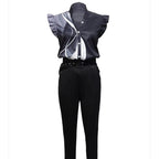 Ladies' V-neck Button Up Petal Sleeve Printed Off Shoulder Shirt Set - SJB-DIAMOND ELITES